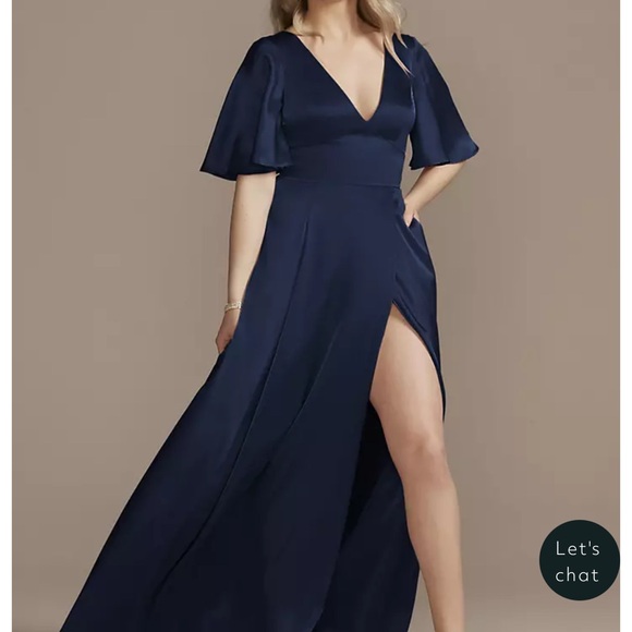 Galina Signature Charmeuse Flutter Sleeve A-Line Elegant Navy Blue Evening Gown - Picture 1 of 9